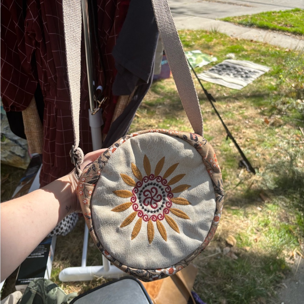 Embroidered Round Shoulder Bag - Cream and Gold